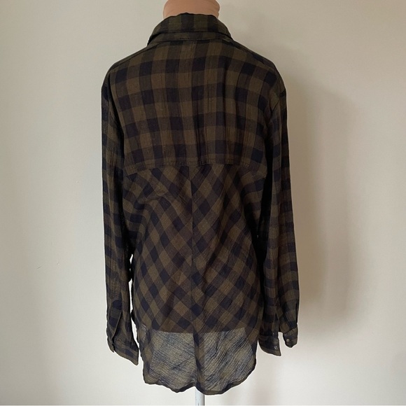 Free People Navy Combo Lace Up Plaid Button Down Long Sleeve Shirt EUC Size S - Picture 7 of 12